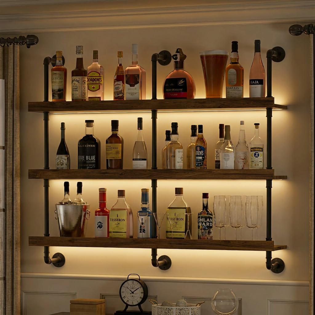 Wine Rack Wall Mount - Duvara Monte LED Işıklı Üç Katmanlı