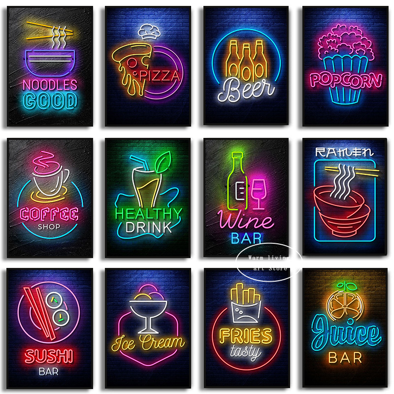 Wine Beer Pizza - 1 adet çerçevesiz tuval boyama Neon