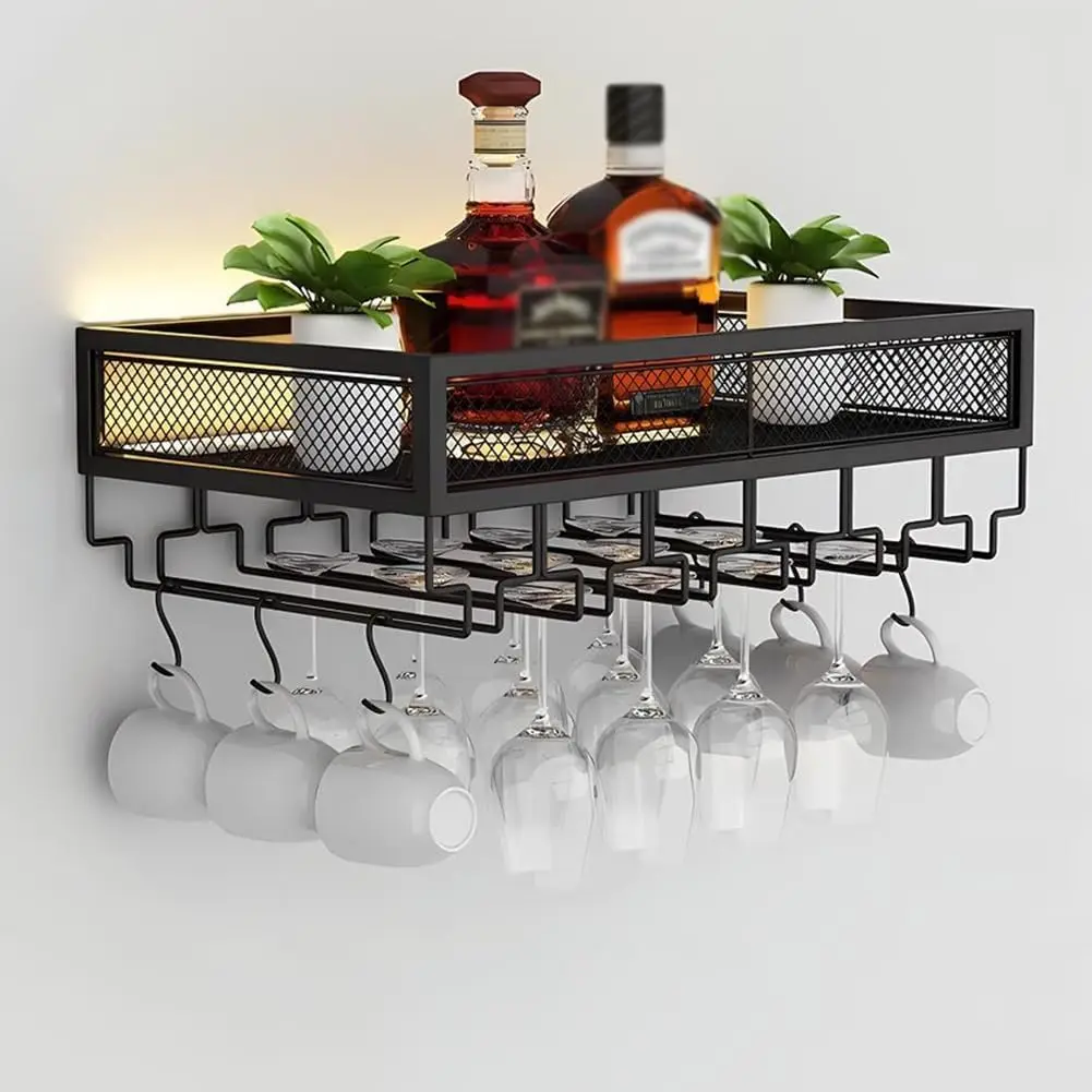 Wine Rack Wall Mount - LED Işıklı ve Kadeh Askılı Duvara