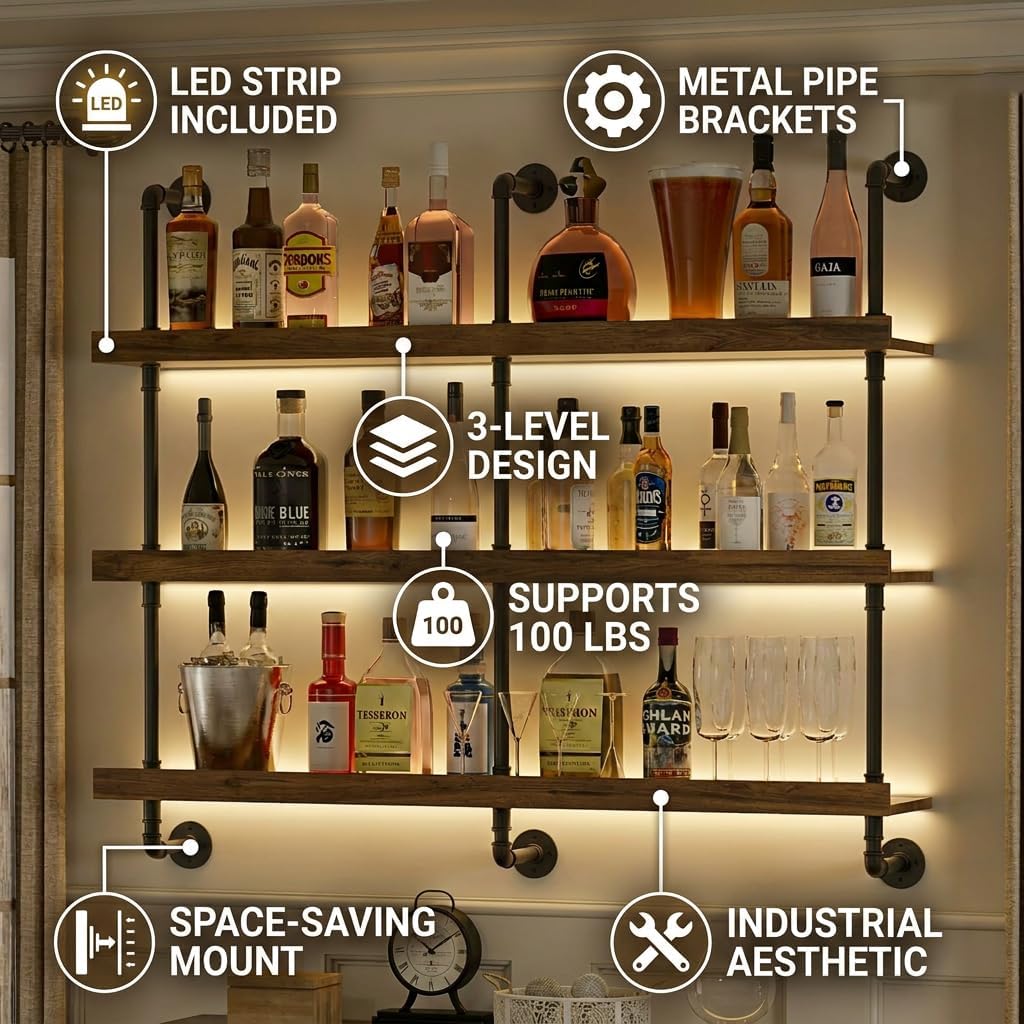 Duvara Monte LED Işıklı Üç Kat - Wine Rack Wall Mount incelemesi ve fiyatı